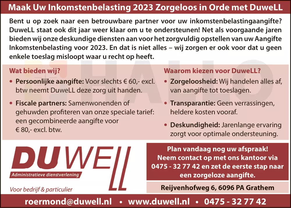 Afbeelding voor Uw Inkomstenbelasting 2023 Zorgeloos in Orde met DuweLL